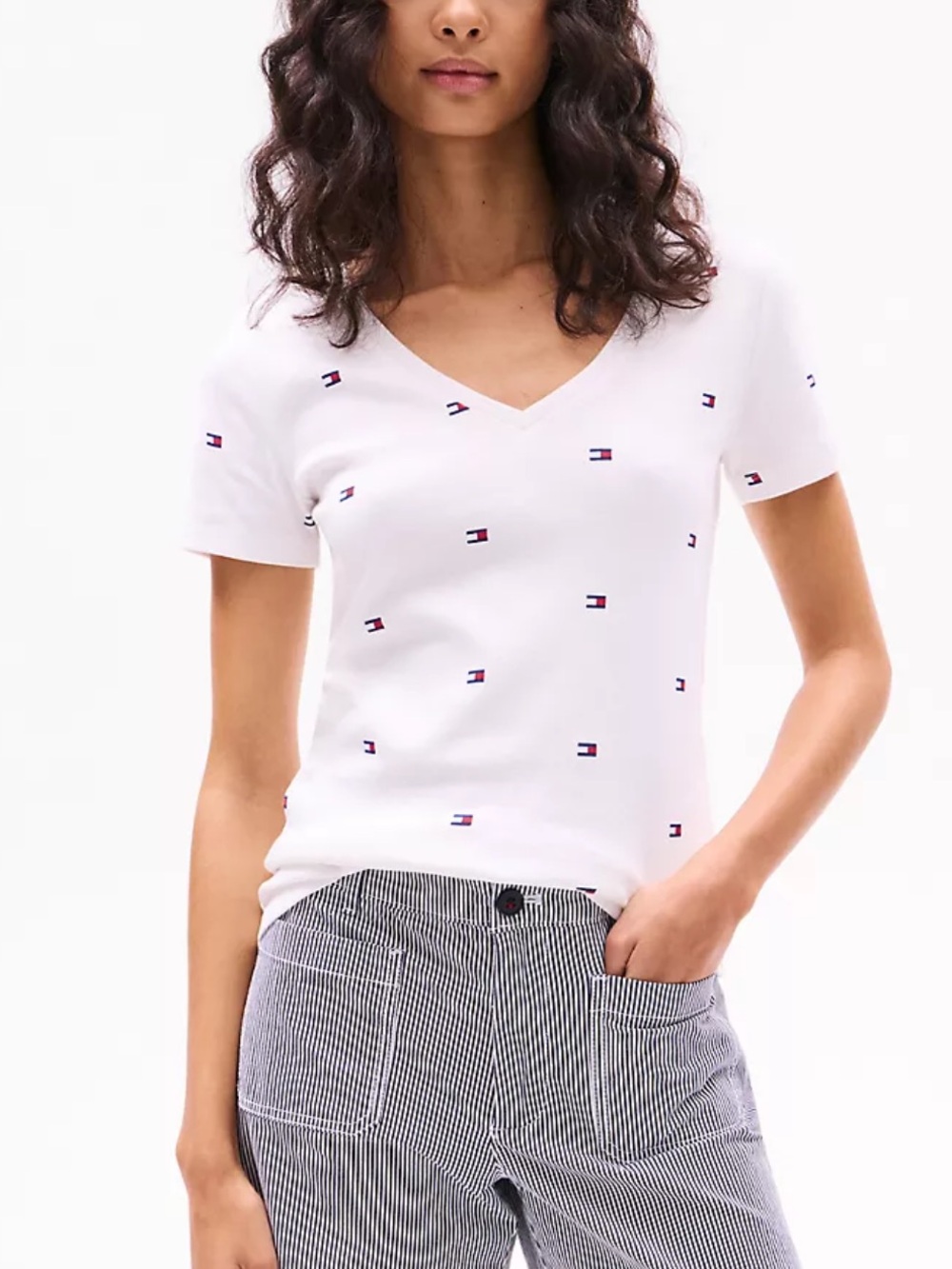 Tommy Hilfiger White V-Neck Tee with Mini Flag Embroidery